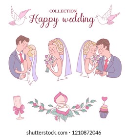 With this wedding invitation decoration kit, you can create an infinite number of customized designs. Brides and grooms, rings, flowers, white doves. Vector illustration. Isolated on white background.