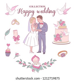 With this wedding invitation decoration kit, you can create an infinite number of customized designs. Brides and grooms, rings, flowers, white doves. Vector illustration. Isolated on white background.