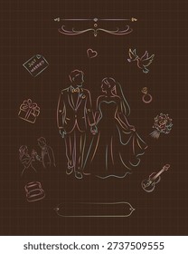 This wedding line illustration set features romantic moments of a bride and groom, including dancing, kissing, and walking down the aisle. Designed in gradient line art style, it is ideal for invitations, cards, and wedding-themed designs.