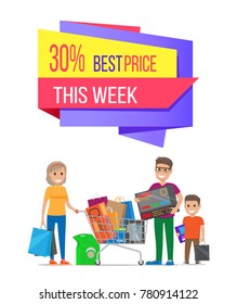 This week 30% best price sale label on poster with family on shopping. Mother, father and child carrying trolley full of electronic equipment vector
