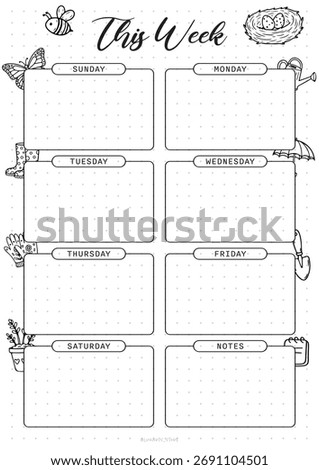 This week Bullet Journal Printable Planner Page Template, Vector Illustration, A4 and A5 Sizes, Hand Drawn Doodle Style. Planner pages bullet journal A5 A4 format..