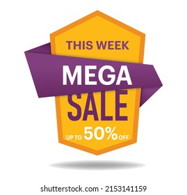 Esta semana Mega venta 50 % de descuento.mega gran precio de banner promoción de ventas reducir la etiqueta de publicidad de ilustración vectorial. EPS 10