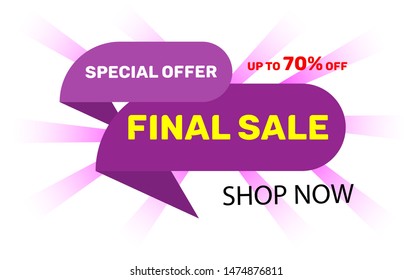 This weekend only final sale banner, up to 70 % off shop now vector illustration with yellow orange background 