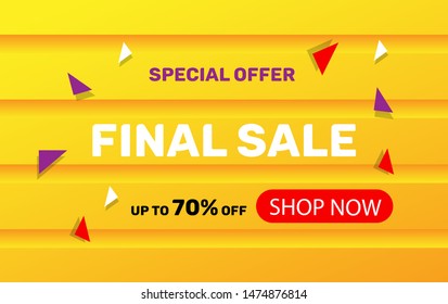 This weekend only final sale banner, up to 70 % off shop now vector illustration with yellow orange background 
