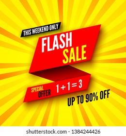This weekend only flash sale banner, special offer up to 90% off. Vector illustration.