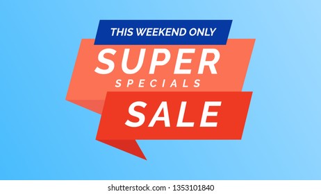 This weekend only super special sale. Modern vector illustration banner template design in flat trendy minimal geometric style with trend coral blue princess jester color on a blue gradient background