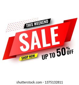 This weekend sale banner, up to 50% off. Red ribbon. Vector illustration.