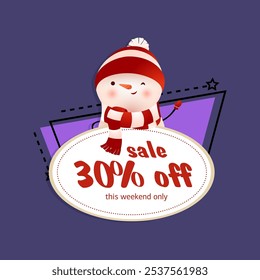 This weekend sale poster design with winking snowman. Inscription in oval white frame and winking snowman on abstract background. Can be used for sales, shops, discounts