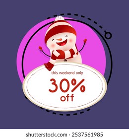 This weekend sale poster design with dancing snowman. Inscription in oval white frame and dancing snowman on abstract background. Can be used for sales, shops, discounts