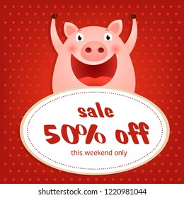 This weekend sale red poster design with funny pig. Inscription in round white frame and chubby piglet on red background with polka dots. Can be used for sales, shops, discounts