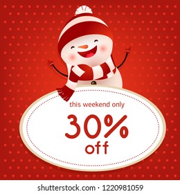This weekend sale red poster design with dancing snowman. Inscription in round white frame and dancing snowman on red background with polka dots. Can be used for sales, shops, discounts
