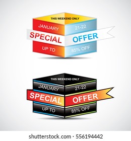 This weekend special offer banner, up to 85% off. Vector illustration.