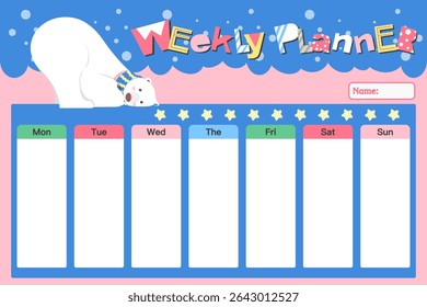 This weekly planner features a cute polar bear design with colorful weekday columns, perfect for kids or teens. Includes space for daily tasks, encouraging fun and organized planning all week!