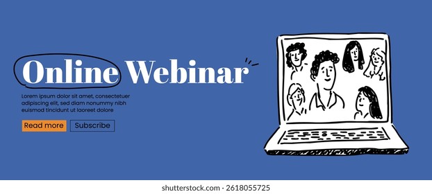 This whimsical banner template highlights an online webinar, showcasing a chalk and crayon sketch of participants on a laptop. Perfect for promoting virtual events and workshops.