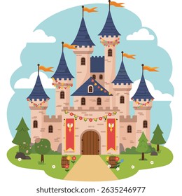 This whimsical cartoon image shows a colorful castle set on a grassy hill under clouds.