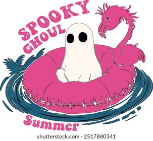 This whimsical design features a cute ghost lounging in a pink flamingo pool float, surrounded by playful water ripples. The bold text "Spooky Ghoul Summer" adds a fun, seasonal touch to the scene.