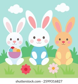 This whimsical Easter vector features three charming bunnies with colorful Easter eggs, flowers, and a bright, spring-like background. The vibrant colors and playful bunnies make it a perfect fit for 