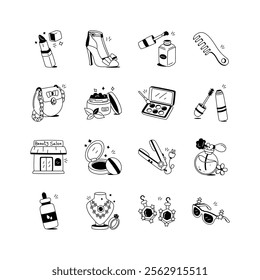 This whimsical icon set features colorful illustrations of beauty products, accessories, and tools,