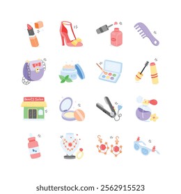 This whimsical icon set features colorful illustrations of beauty products, accessories, and tools,