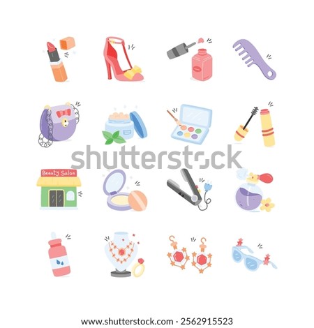 This whimsical icon set features colorful illustrations of beauty products, accessories, and tools,
