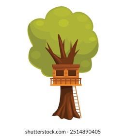 Esta ilustración caprichosa representa una encantadora casa en el árbol enclavada entre las ramas frondosas de un árbol robusto, proporcionando un escape perfecto para el juego imaginativo