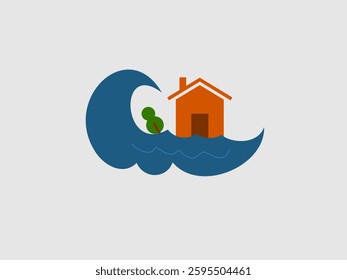 This whimsical illustration depicts a small house being engulfed by a large wave