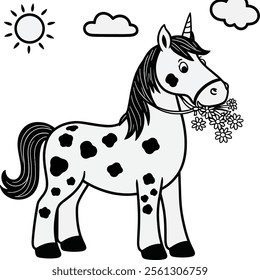 This whimsical illustration features a cartoon-style unicorn with cow-like spots, standing on a black background. The unicorn has a horn and is holding a bunch of flowers in its mouth.