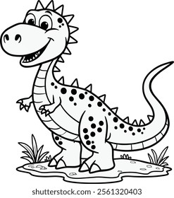 This whimsical illustration features a friendly cartoon dinosaur with large eyes and a wide smile, standing on a patch of grass. The dinosaur is adorned with small spikes along its back and tail.