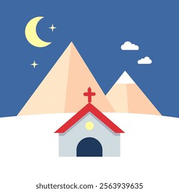 This whimsical illustration features a small church with a red roof and a cross on top, set in front of two pyramids, one of which has a snow-capped peak.