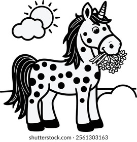 This whimsical illustration features a spotted unicorn standing and holding a bouquet of flowers in its mouth. The background includes a cloud and a partial moon, adding to the playful and imaginative