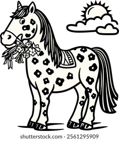 This whimsical illustration shows a unicorn with a spotted coat, holding a bouquet of flowers in its mouth. The unicorn has a saddle on its back and stands against a background with a cloud and a part