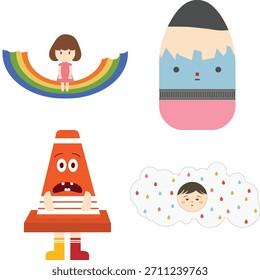 Este conjunto de ilustrações caprichoso e infantil apresenta quatro personagens coloridos e encantadores projetados em um estilo plano limpo e moderno.
