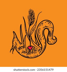 In dieser skurrilen Vektorgrafik blüht das Herz eines Fuchses zu üppigem Weizen, symbolisiert die nährende Liebe, die unser Leben mit Wachstum und Überfluss bereichert