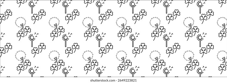 This white backdrop features a repeating pattern of minimalist black line art illustrations of three-leaf clovers and dandelions, creating a simple yet elegant floral wallpaper design.