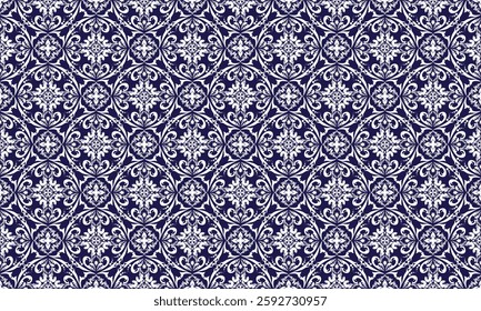 This white and  blue damask vector pattern is perfect for wallpapers, fabric pattern, luxury packaging, and classic home decor. Its seamless design adds elegance to any textile or decorative surface.
