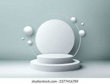 This white podium mockup with white circle backdrop and sphere elements is perfect for showcasing your products in a modern and stylish way. Vector illustration