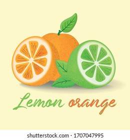 This is whole and halved lemon with orange fruits vector composition with leaves isolated on yellow background