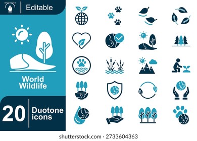 This wildlife icon set uses a balanced duotone style to highlight conservation, ecology, and animal habitats. Ideal for environmental campaigns, presentations, websites, and green technology visuals.