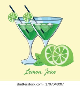 This is wineglass with lemon juice (or green alcohol), lemon slices and mint isolated vector illustration on yellowish background