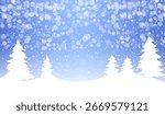 This winter landscape illustration showcases a tranquil setting with snowflakes gently falling against a soft blue backdrop. Snow-covered trees create a peaceful and festive atmosphere