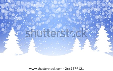 This winter landscape illustration showcases a tranquil setting with snowflakes gently falling against a soft blue backdrop. Snow-covered trees create a peaceful and festive atmosphere