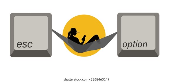 This woman chose the option to escape from the office work. Escape and option computer keyboard keys hold her hammock where she is resting in front of a setting sun.