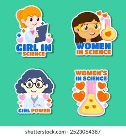 This Women and Science themed sticker template features illustrations that combine feminine power with elements of the world of science and technology.