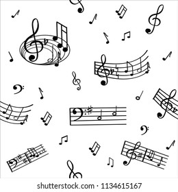 This is a wonderful, musical, seamless pattern. Here notes, treble clef, bass key in black color on a white background. Can be used for fabrics, paper. 