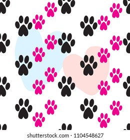 This is a wonderful pattern of traces of dogs on a white background. A seamless pattern. Can be used for fabric in children's products.