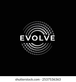 Este es un diseño de logotipo de marca de palabras que dice EVOLVE con dos grupos de puntos circundantes en blanco y negro