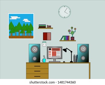 this is work place for kid who goes to the school. In this picture you can see a  table, a window, a clock, a computer and many different things  