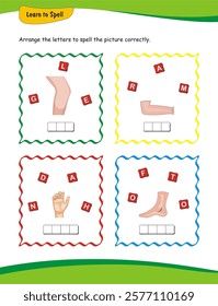 With this worksheet, children in nursery and kindergarten can develop their spelling abilities by practicing words such as leg, arm, hand and foot.