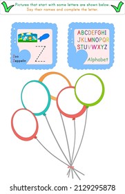 This worksheet contains images of letters in the alphabet. It is an activity of writing letters with guide lines.