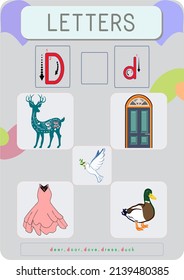 This worksheet contains the spelling of a letter of the alphabet and pictures that begin with that letter.